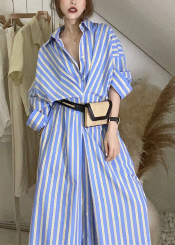 Handmade Blue Striped Button Long Shirts Dresses Long Sleeve - Image 2