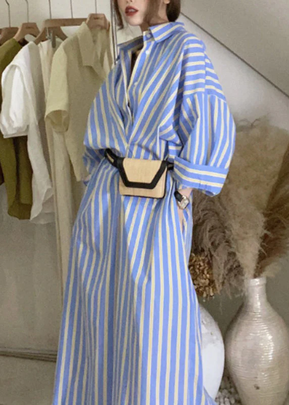 Handmade Blue Striped Button Long Shirts Dresses Long Sleeve - Image 3
