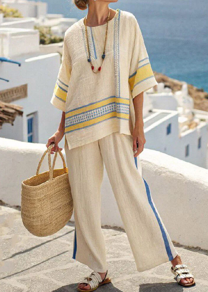 Handmade Blue Striped Low High Design T Shirts And Wide Leg Pants Two Pieces Set Half Sleeve - Image 4