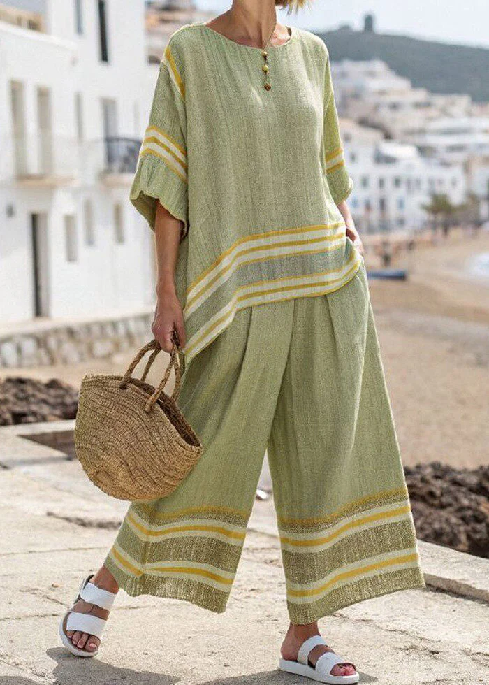 Handmade Blue Striped Low High Design T Shirts And Wide Leg Pants Two Pieces Set Half Sleeve - Image 5