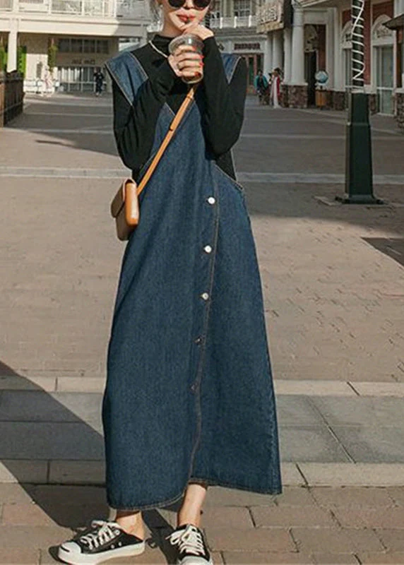 Handmade Blue V Neck Asymmetrical Design Patchwork Denim Maxi Dresses Fall - Image 2