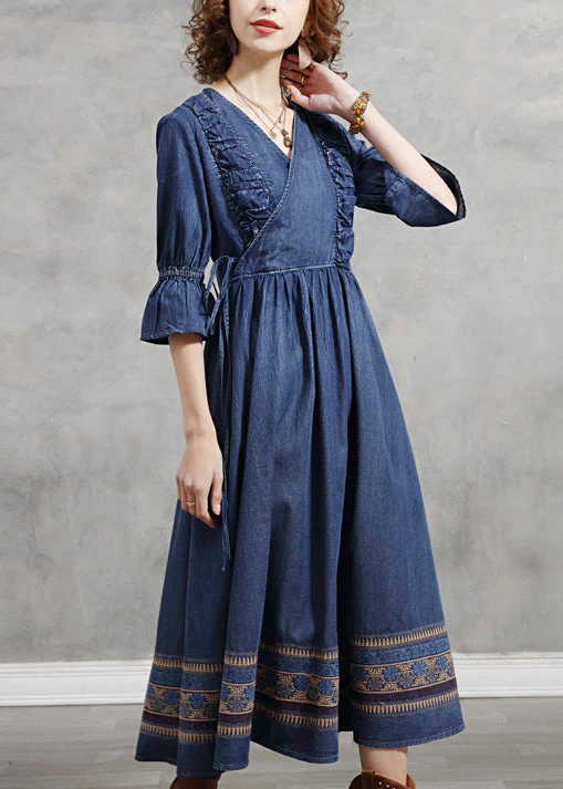 Handmade Blue V Neck Cinched Ruffled Embroideried Cotton Long Dress Half Sleeve - Image 2