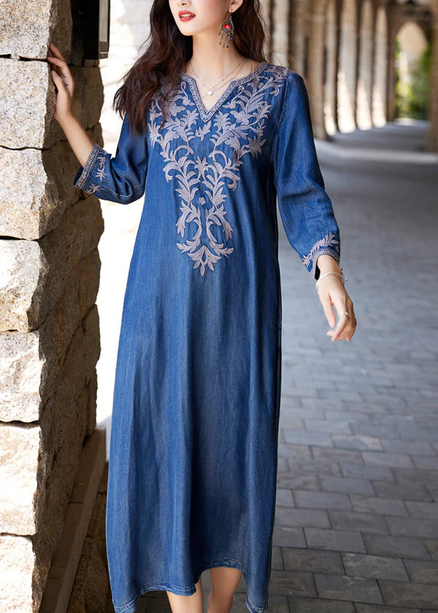 Handmade Blue V Neck Embroidered Silk Cotton Long Denim Dress Long Sleeve - Image 3
