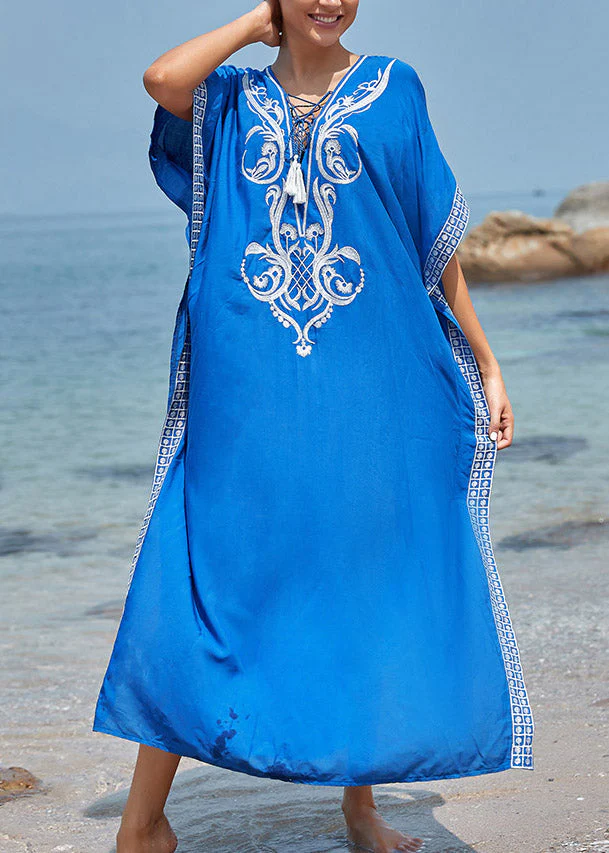 Handmade Blue V Neck Embroideried Floral Side Open Maxi BeachDress Summer - Image 2