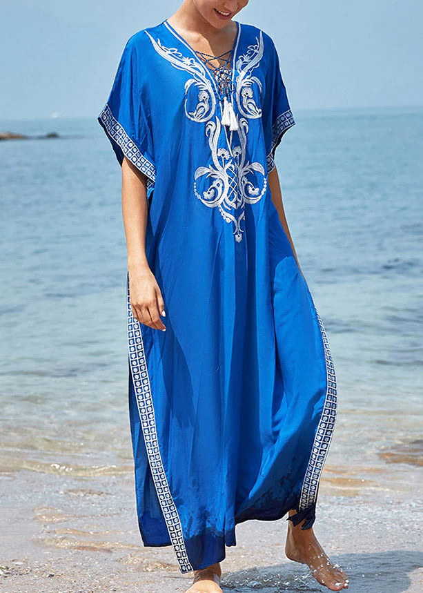 Handmade Blue V Neck Embroideried Floral Side Open Maxi BeachDress Summer - Image 3