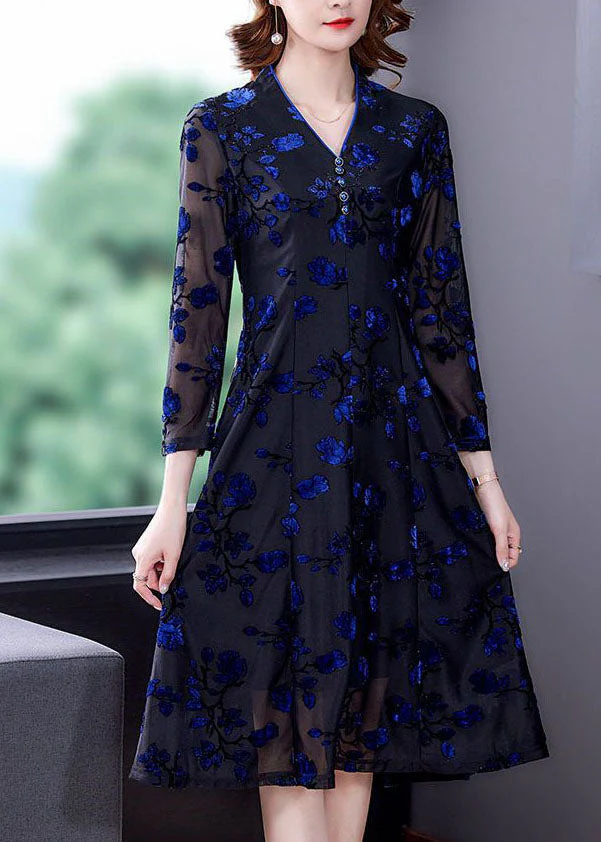 Handmade Blue V Neck Embroideried Slim Fit Tulle Dresses Spring - Image 3