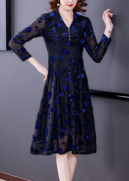 Handmade Blue V Neck Embroideried Slim Fit Tulle Dresses Spring - Image 4