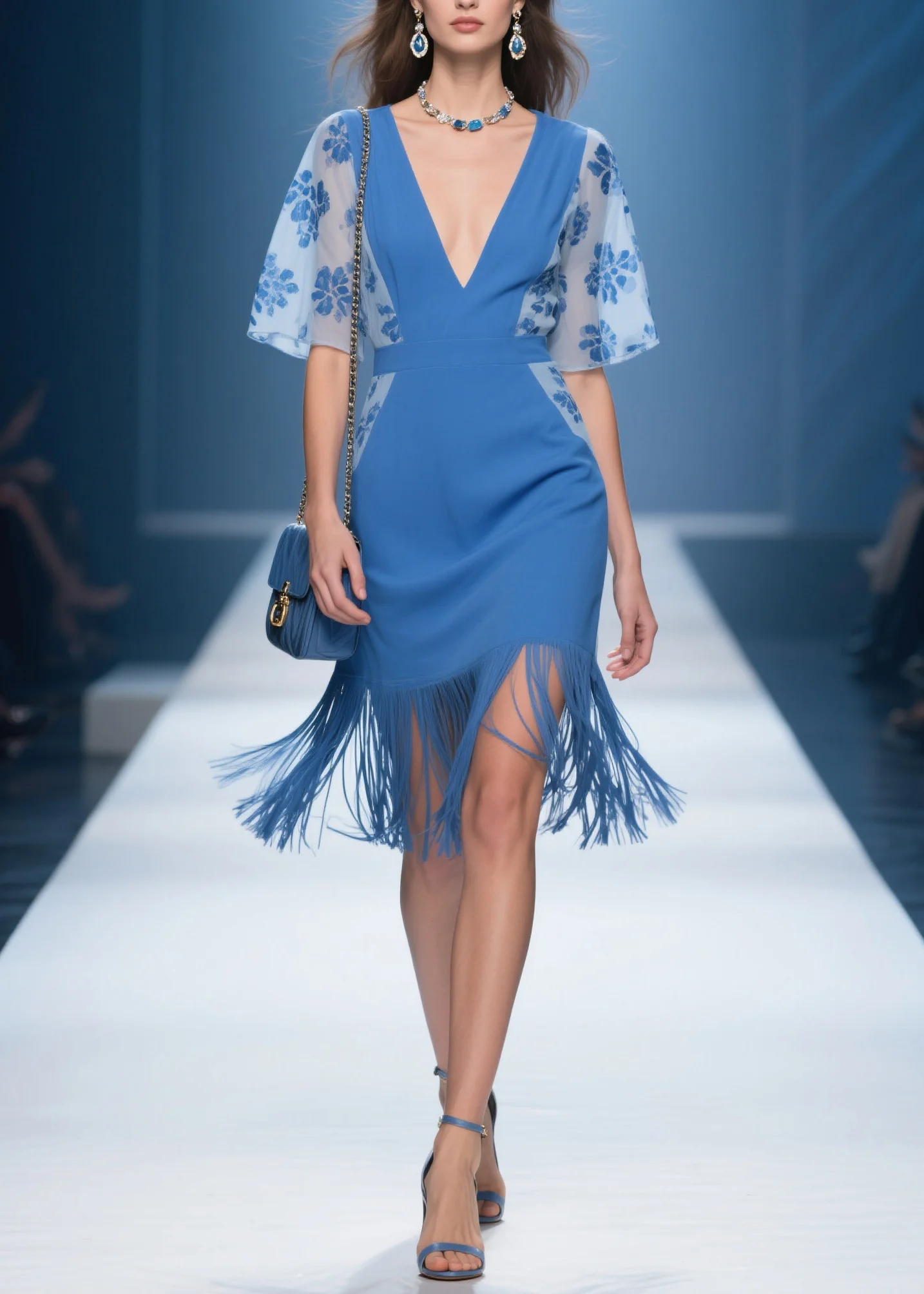 Handmade Blue V Neck Print Tassel Patchwork Cotton Dresses Summer - Image 5