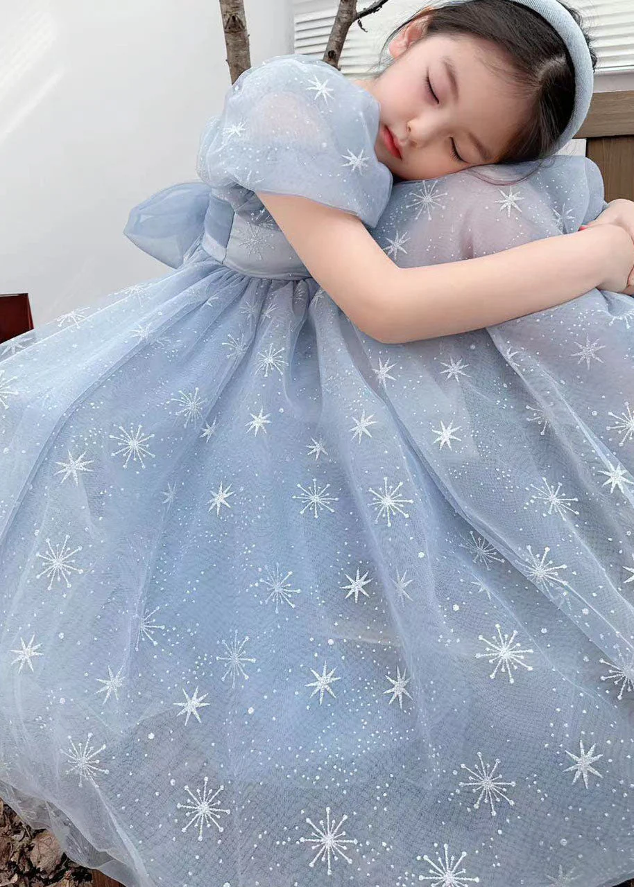 Handmade Blue Wrinkled Bow Embroideried Tulle Baby Girls Dresses Summer - Image 2