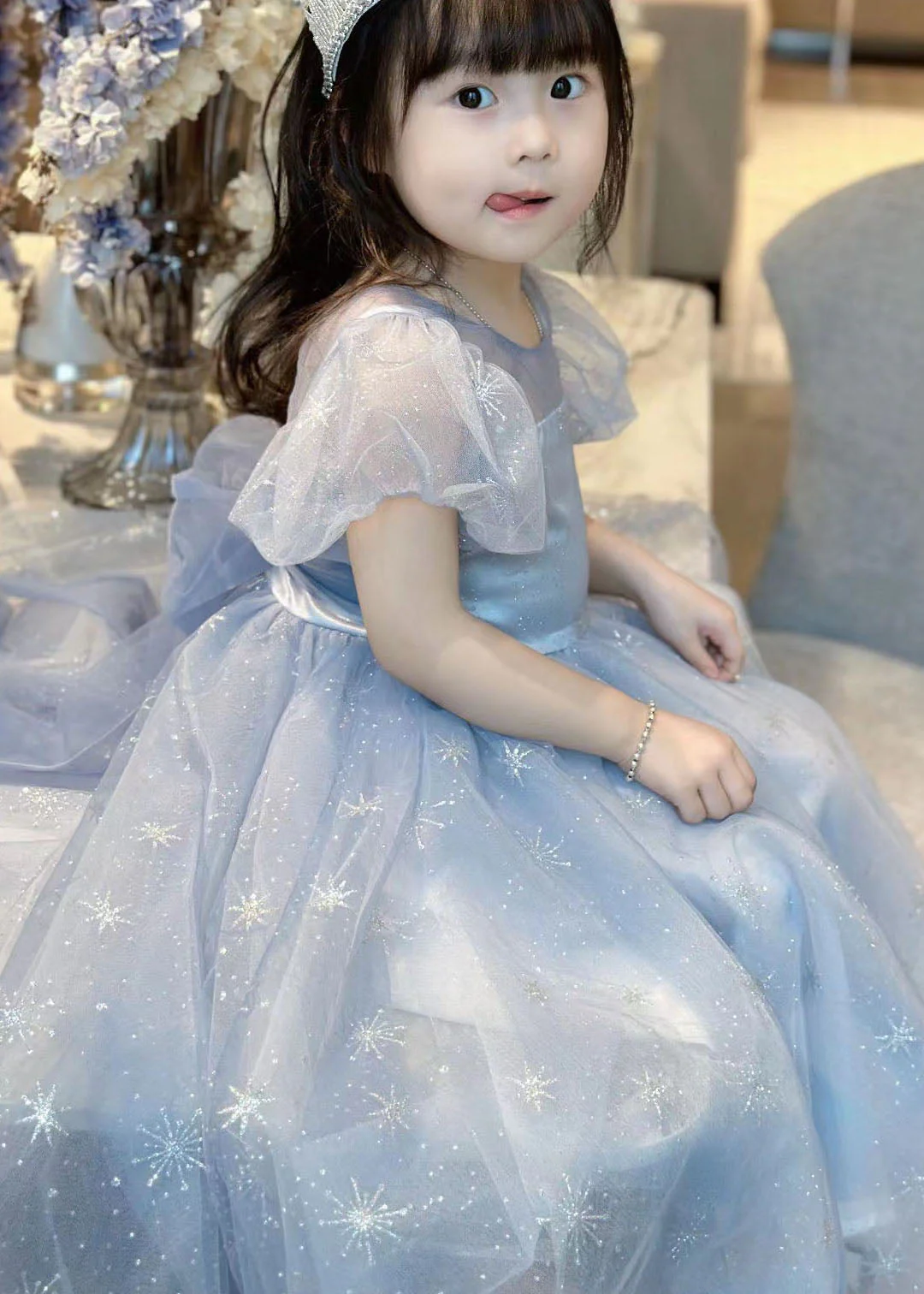 Handmade Blue Wrinkled Bow Embroideried Tulle Baby Girls Dresses Summer - Image 3