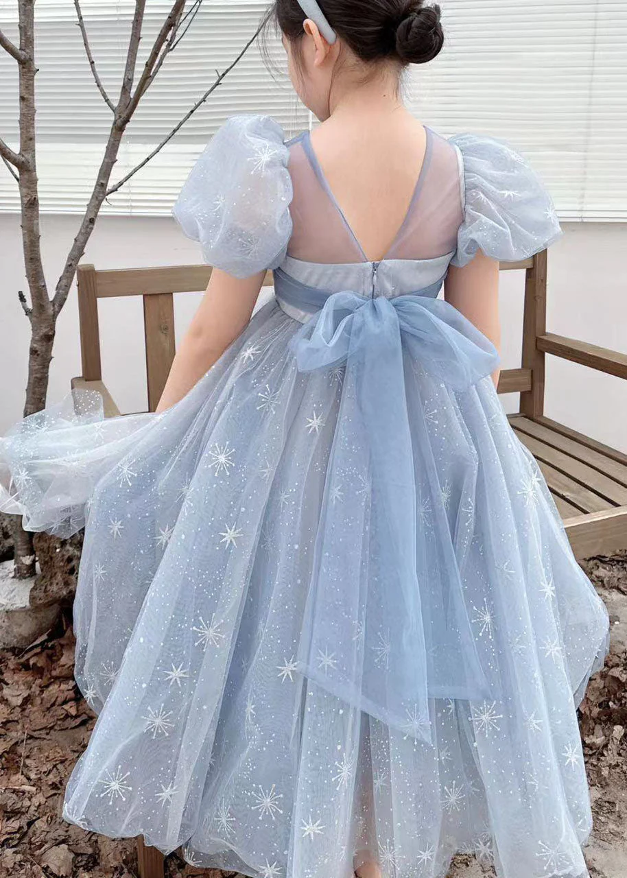 Handmade Blue Wrinkled Bow Embroideried Tulle Baby Girls Dresses Summer - Image 4