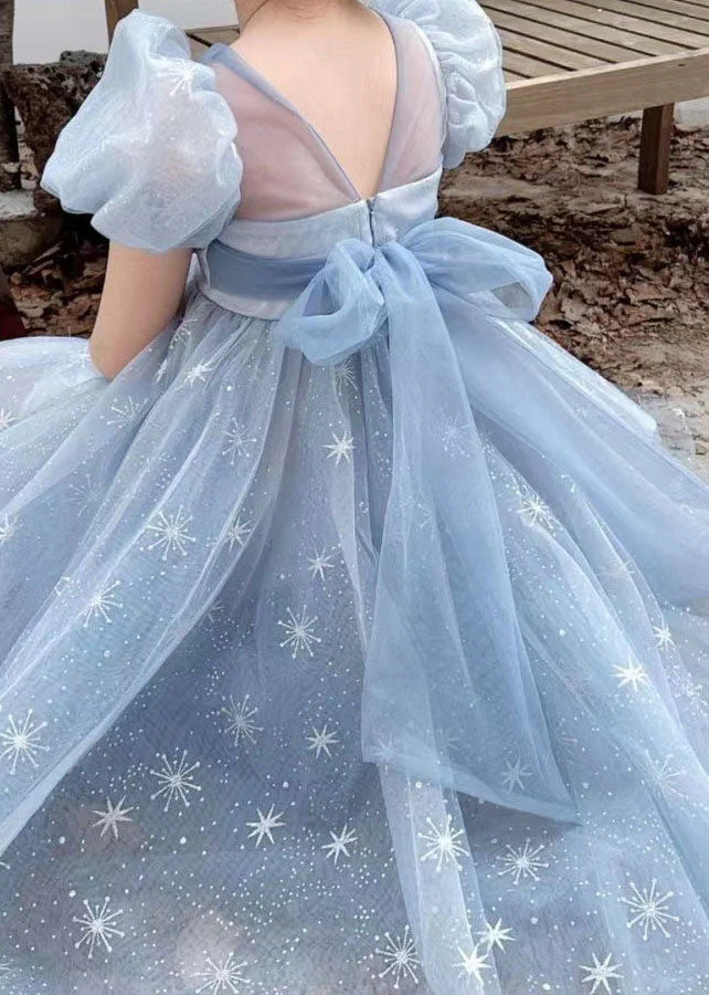 Handmade Blue Wrinkled Bow Embroideried Tulle Baby Girls Dresses Summer - Image 5