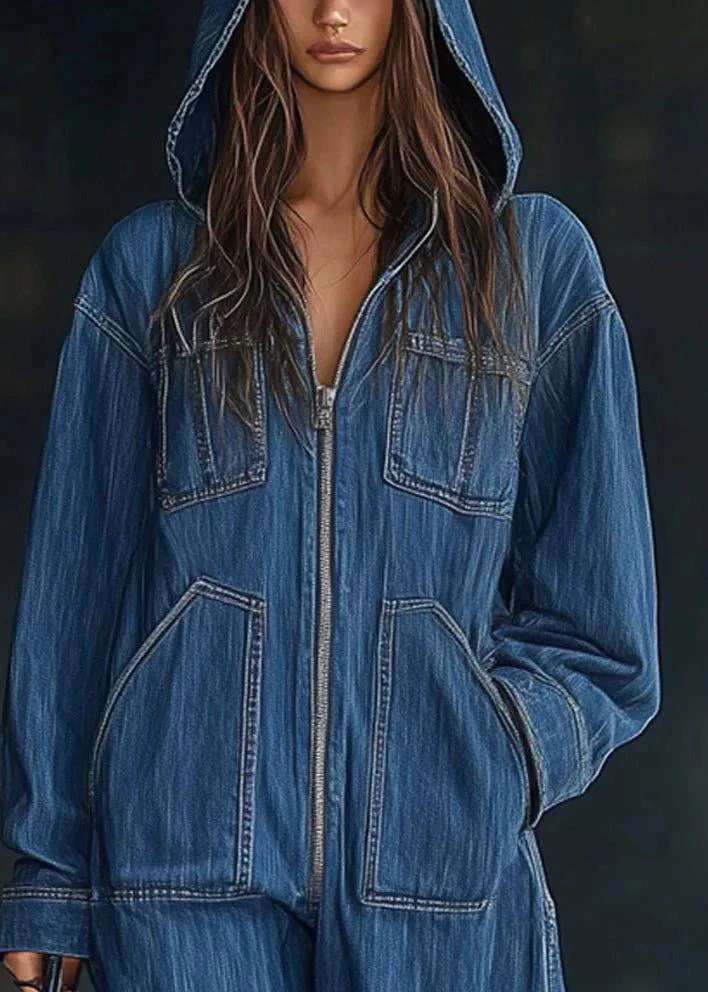 Handmade Blue Zippered Patchwork Denim Hooded Jumpsuit Spring - Image 2