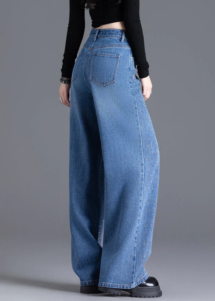 Handmade Blue Zircon Pockets High Waist Denim Wide Leg Pants Spring - Image 5