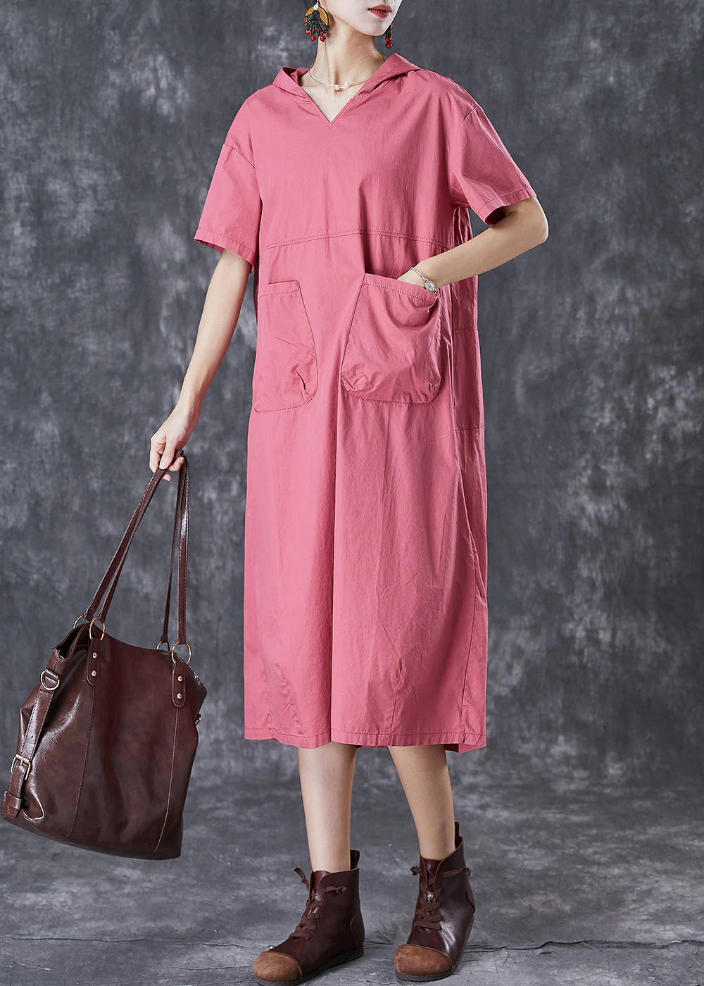 Handmade Brick Red Hooded Pockets Cotton Sweatshirts Dress Summer - Image 2