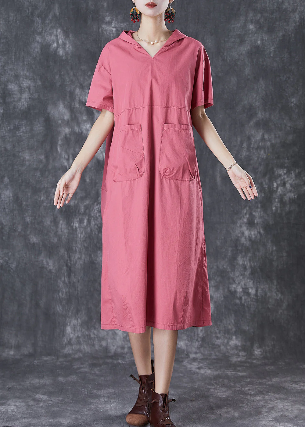 Handmade Brick Red Hooded Pockets Cotton Sweatshirts Dress Summer - Image 3