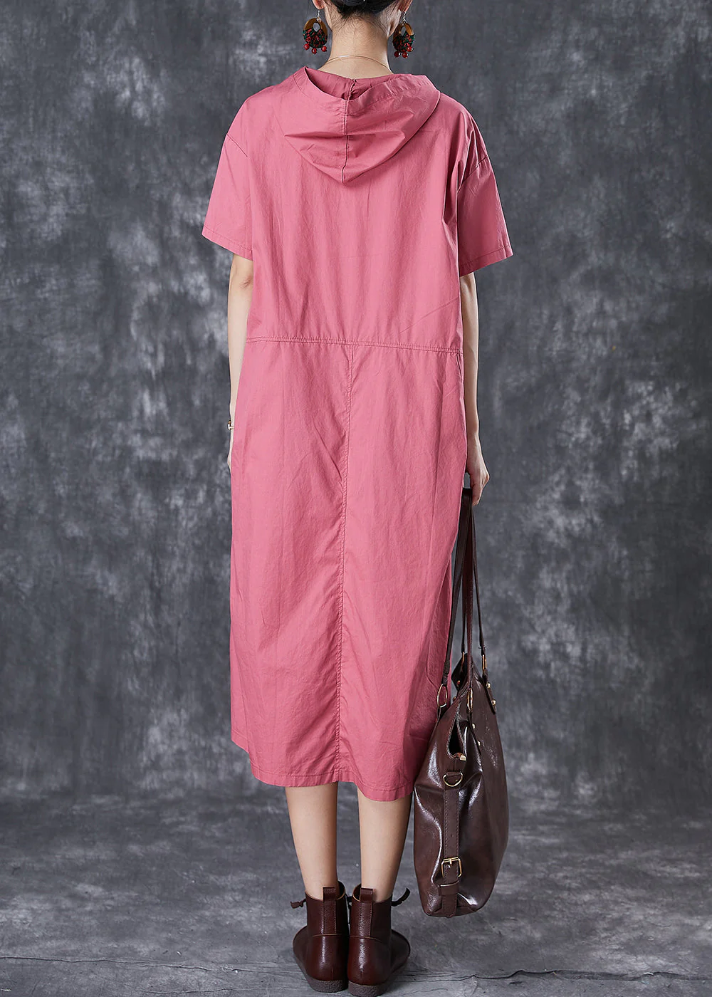 Handmade Brick Red Hooded Pockets Cotton Sweatshirts Dress Summer - Image 4