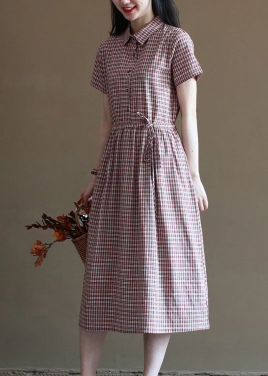 Handmade Brick Red Plaid Drawstring Peter Pan Collar Cotton Vacation Dresses Short Sleeve - Image 2