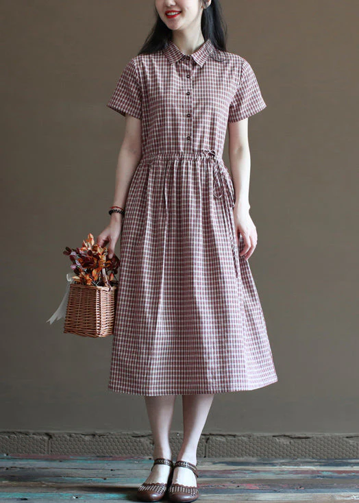Handmade Brick Red Plaid Drawstring Peter Pan Collar Cotton Vacation Dresses Short Sleeve - Image 3
