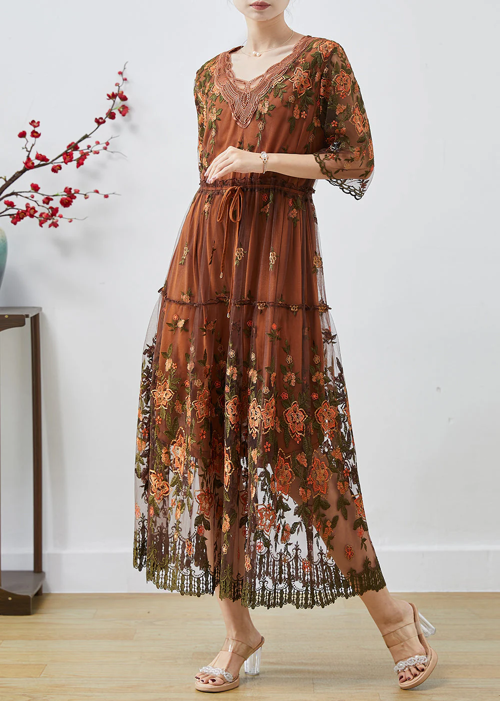 Handmade Brown Embroidered Tulle Cinched Dress Summer - Image 3