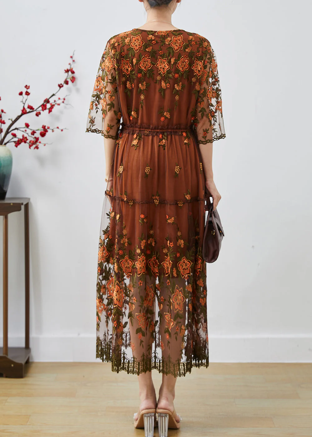 Handmade Brown Embroidered Tulle Cinched Dress Summer - Image 4