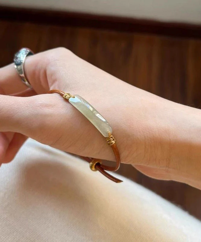 Handmade Brown Leather Patchwor Jade Adjustable Bangle - Image 5