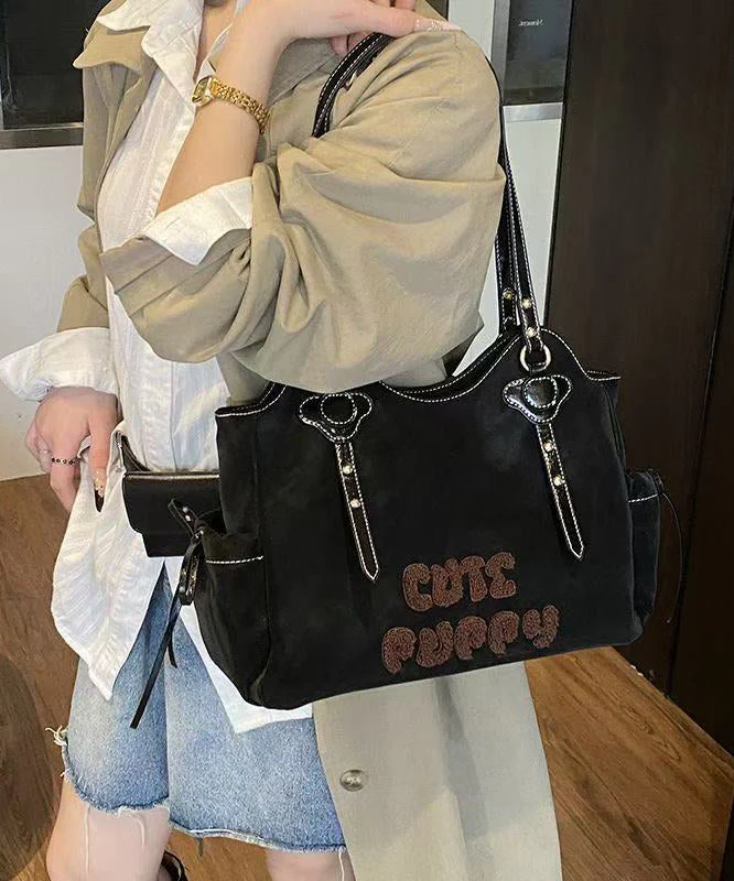Handmade Brown Letter Embroidered Faux Leather Shoulder Bags - Image 3