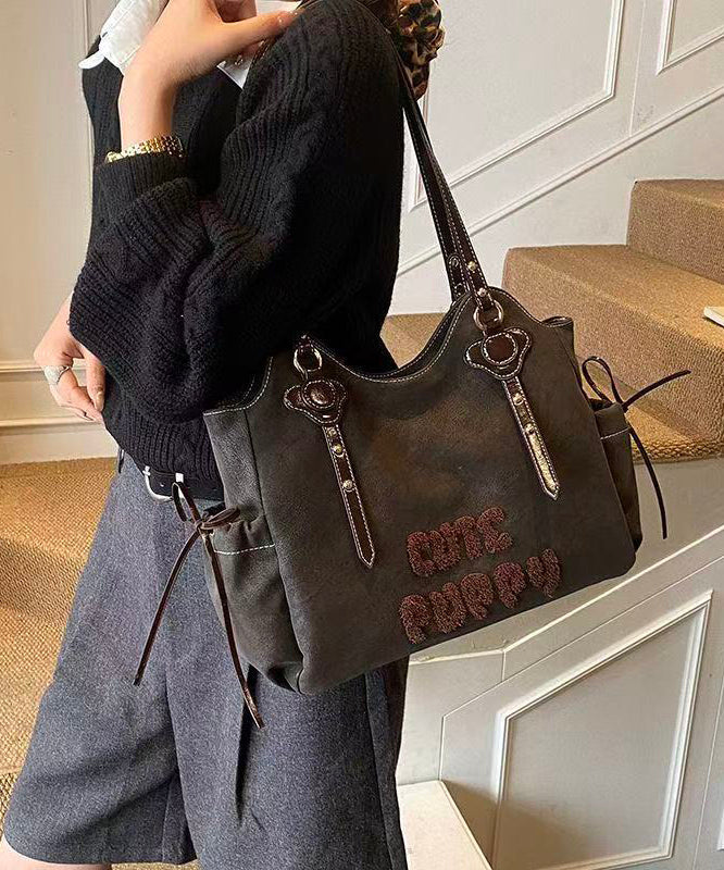 Handmade Brown Letter Embroidered Faux Leather Shoulder Bags - Image 4