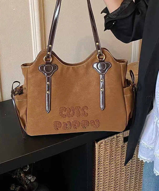 Handmade Brown Letter Embroidered Faux Leather Shoulder Bags - Image 5
