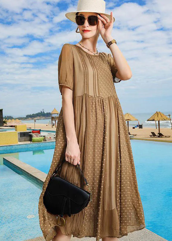 Handmade Brown O Neck Patchwork Silk Mid Dress Summer - Image 2