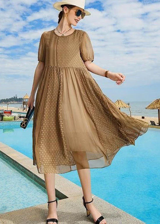 Handmade Brown O Neck Patchwork Silk Mid Dress Summer - Image 3