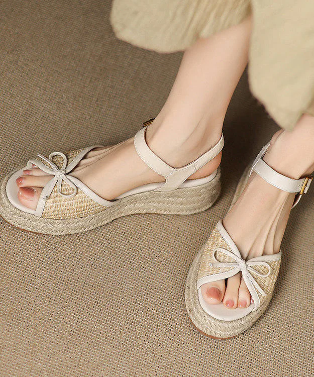 Handmade Brown Sandals Splicing Bow Wedge Sandals - Image 4