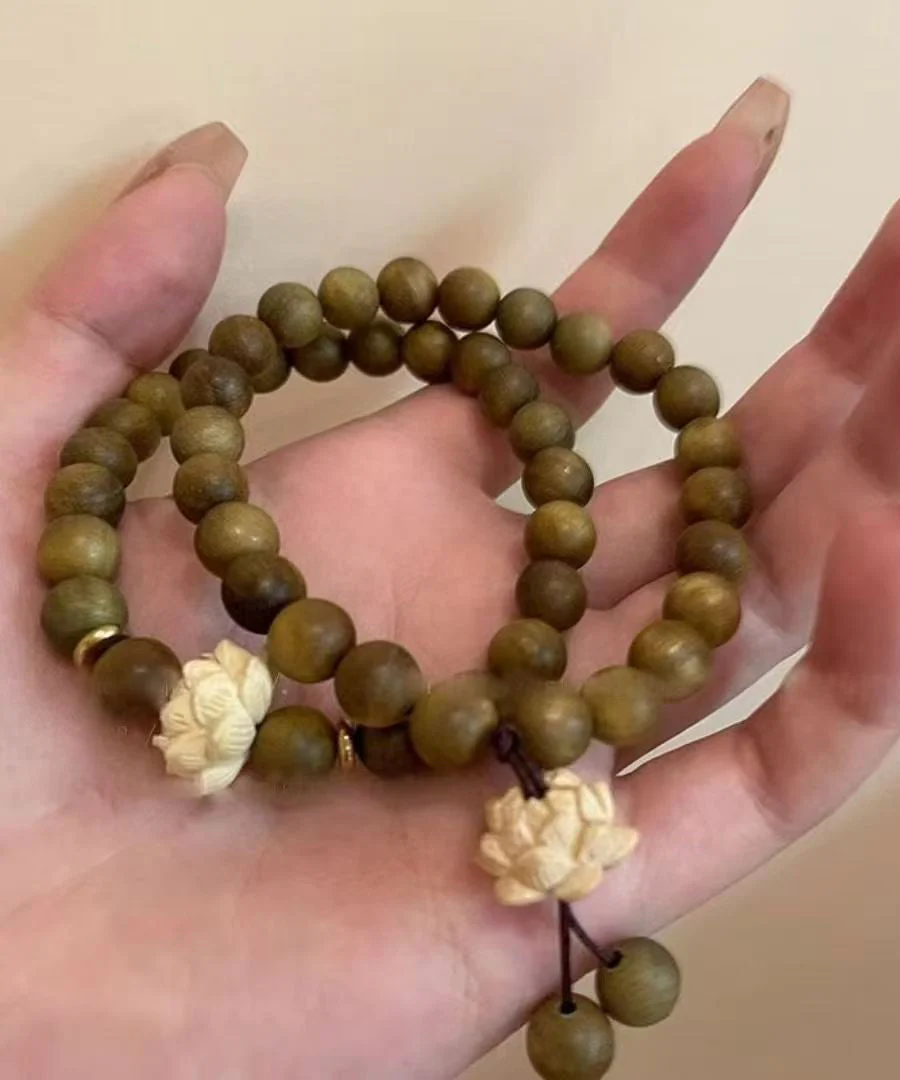 Handmade Brown Weaving Sandalwood Lotus Beading Two-Piece Set Charm Bracelet - Image 3