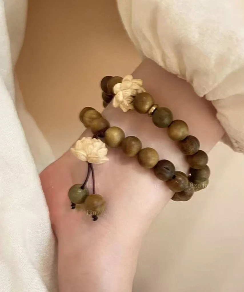 Handmade Brown Weaving Sandalwood Lotus Beading Two-Piece Set Charm Bracelet - Image 5