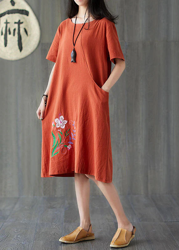 Handmade Caramel O-Neck Embroideried Pocket Cotton Mid Dress Short Sleeve - Image 3