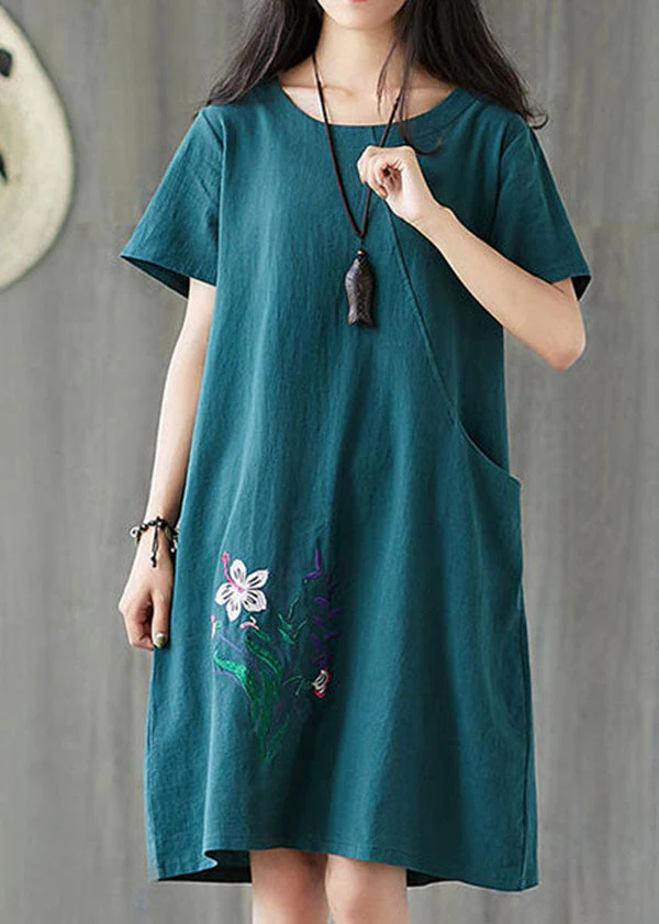Handmade Caramel O-Neck Embroideried Pocket Cotton Mid Dress Short Sleeve - Image 4
