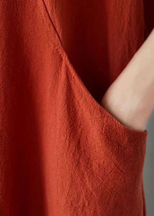 Handmade Caramel O-Neck Embroideried Pocket Cotton Mid Dress Short Sleeve - Image 5
