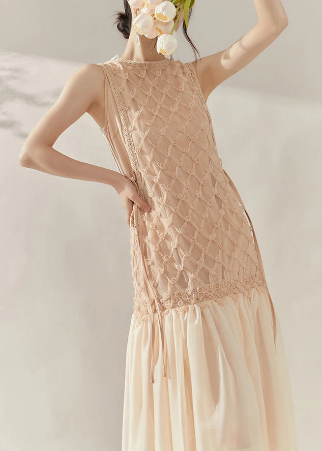 Handmade Champagne O-Neck Tie Waist Tulle Patchwork Long Dress Sleeveless - Image 3