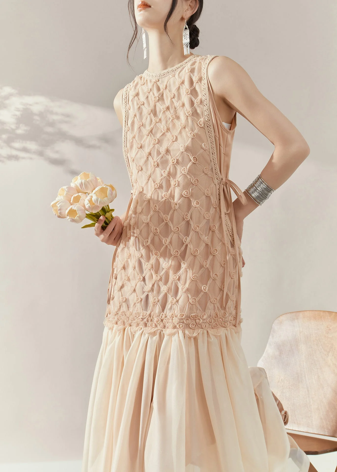 Handmade Champagne O-Neck Tie Waist Tulle Patchwork Long Dress Sleeveless - Image 4