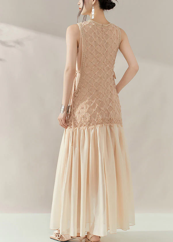 Handmade Champagne O-Neck Tie Waist Tulle Patchwork Long Dress Sleeveless - Image 5