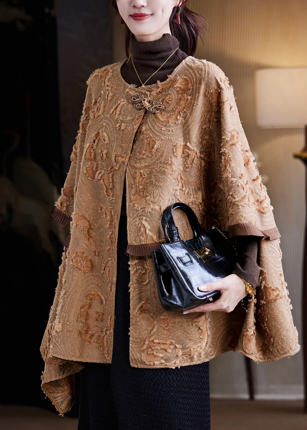 Handmade Coffee O-Neck Patchwork Coats Fall - Image 4