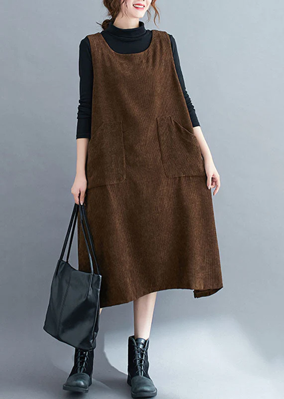 Handmade Coffee Pockets Patchwork Corduroy Sweatshirts Dress Sleeveless - Image 3