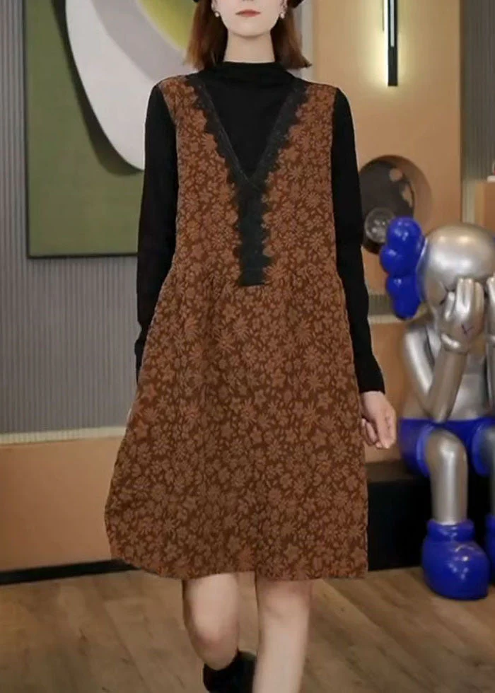Handmade Coffee Print Patchwork Fake Two Pieces Mid Dresses Fall - Image 3