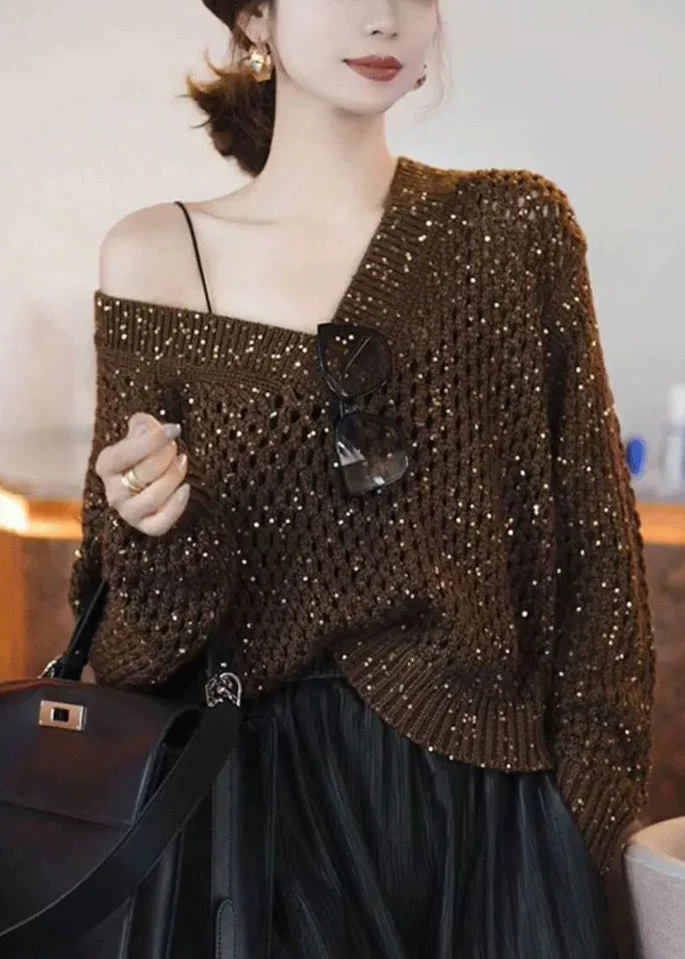 Handmade Coffee Sequins Hollow Out Cozy Knit Sweater Spring - Image 2