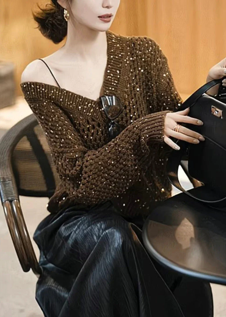 Handmade Coffee Sequins Hollow Out Cozy Knit Sweater Spring - Image 3