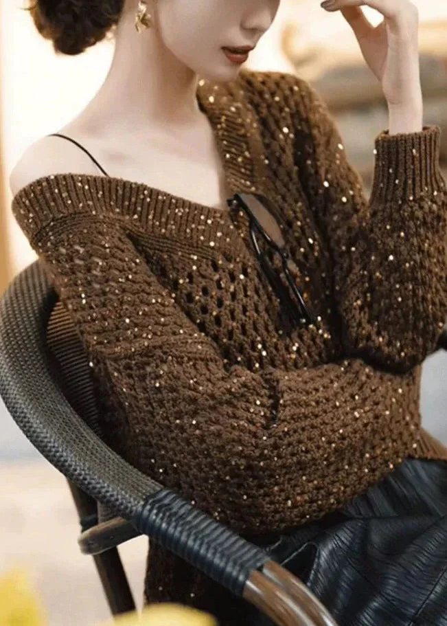 Handmade Coffee Sequins Hollow Out Cozy Knit Sweater Spring - Image 4