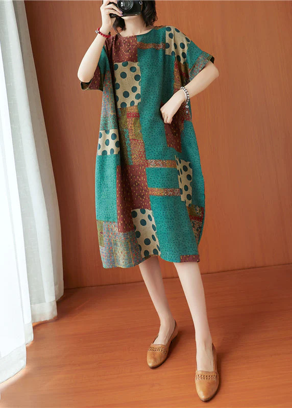 Handmade Colorblock O-Neck Print Cotton Dresses Short Sleeve - Image 2