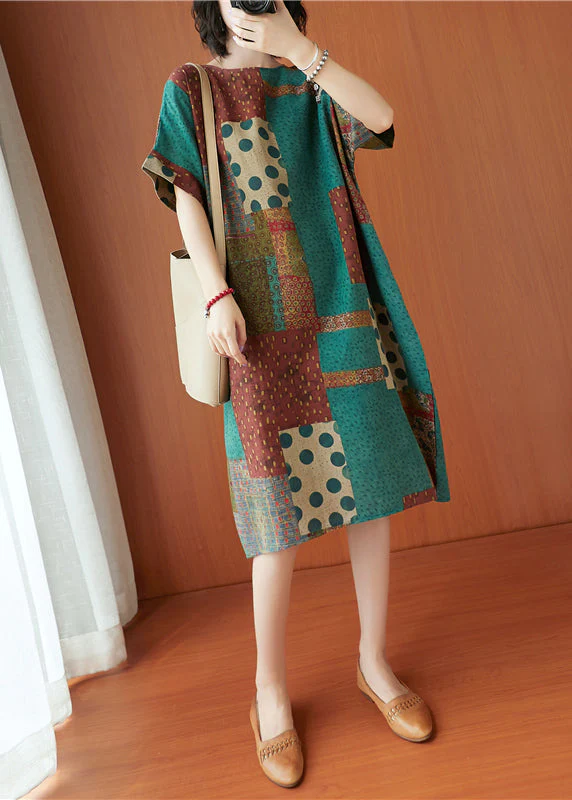Handmade Colorblock O-Neck Print Cotton Dresses Short Sleeve - Image 3