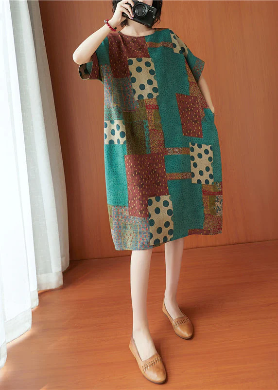 Handmade Colorblock O-Neck Print Cotton Dresses Short Sleeve - Image 4