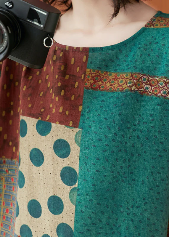 Handmade Colorblock O-Neck Print Cotton Dresses Short Sleeve - Image 5